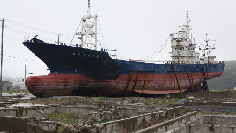 A freighter washed inland by the tsunami